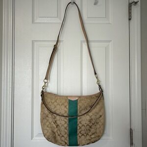 Coach Signature Stripe Green Tan Convertible Hobo Shoulder‎ Bag
